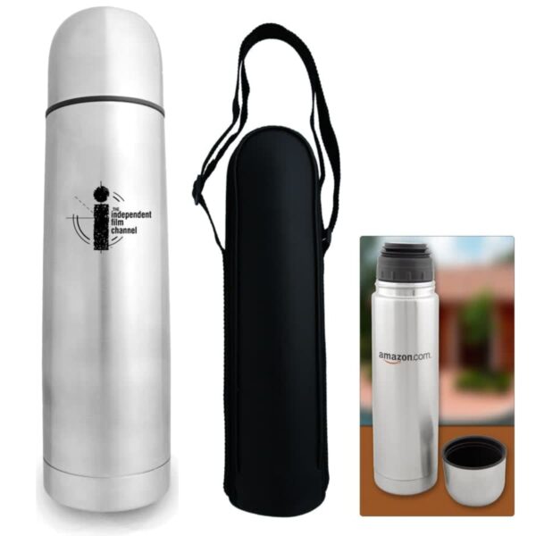 Three items are shown: a silver thermos with a logo, a black carrying case with a strap, and another silver thermos with the text amazon.com. One thermos has its cap removed and placed beside it.
