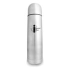 A silver thermos with a round cap. It features a black logo with the text “independent film channel” and an abstract design. The thermos has a sleek, smooth surface and a cylindrical shape.