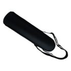 A black, cylindrical leather carrying case with a strap, designed for holding items like documents or artwork.