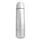 A sleek, silver stainless steel thermos with a cylindrical shape and a rounded lid. The surface is smooth and reflective, and it appears to be designed for keeping beverages hot or cold.