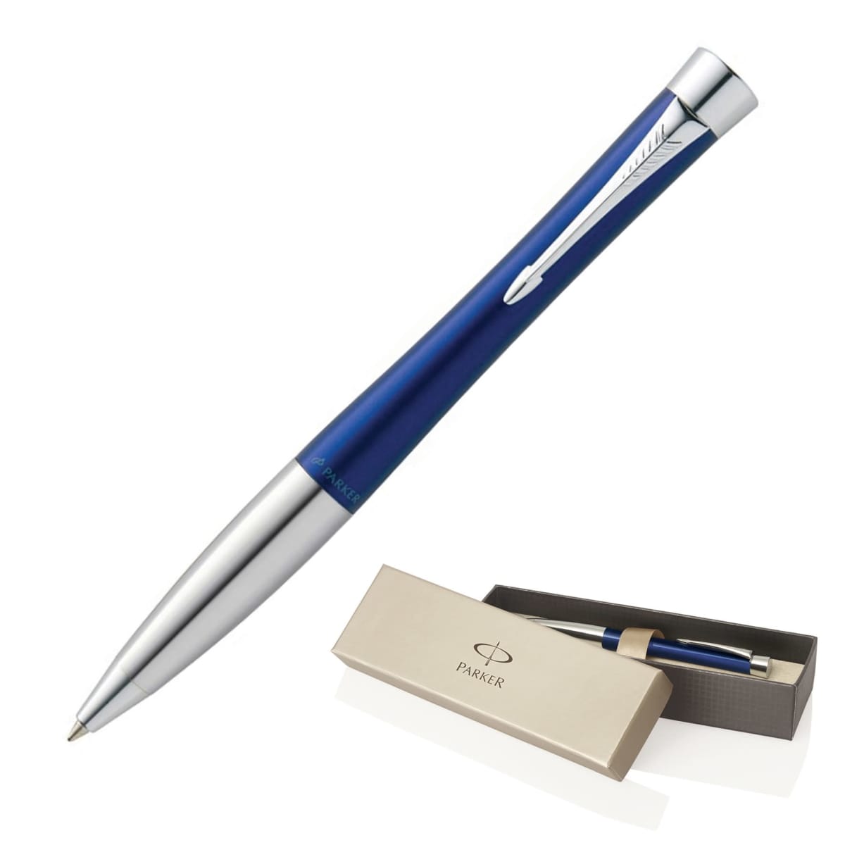 A sleek blue and silver Parker pen with a metallic clip, displayed diagonally. The pen is shown alongside its opened beige and black box packaging, which is branded with the Parker logo.