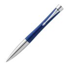 A sleek blue and silver ballpoint pen with a glossy finish, featuring a distinctive arrow-shaped clip.