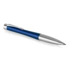 A sleek blue and silver ballpoint pen with a clip, angled diagonally with the tip pointing right. Its design is modern and streamlined, suitable for writing or office use. The pens body transitions smoothly from blue to silver.