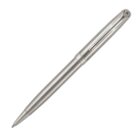 A sleek silver ballpoint pen with a metallic finish, featuring a clip on the cap for easy attachment.