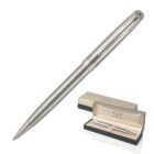 A sleek silver pen with a polished metallic finish, featuring a clip on the cap. The pen is displayed above an open black and gold box, which also contains a similar silver pen resting inside. The box bears the Parker logo.