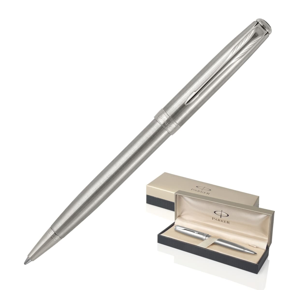 A sleek silver pen with a polished metallic finish, featuring a clip on the cap. The pen is displayed above an open black and gold box, which also contains a similar silver pen resting inside. The box bears the Parker logo.