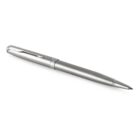 A sleek silver ballpoint pen with a shiny clip on the cap, lying diagonally on a white background.