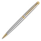 A sleek silver pen with gold accents on the clip, tip, and mid-section. The pen has a metallic finish and appears elegant and refined, suitable for professional use.