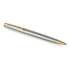 A sleek silver ballpoint pen with gold accents on the clip, tip, and middle band, placed against a white background.