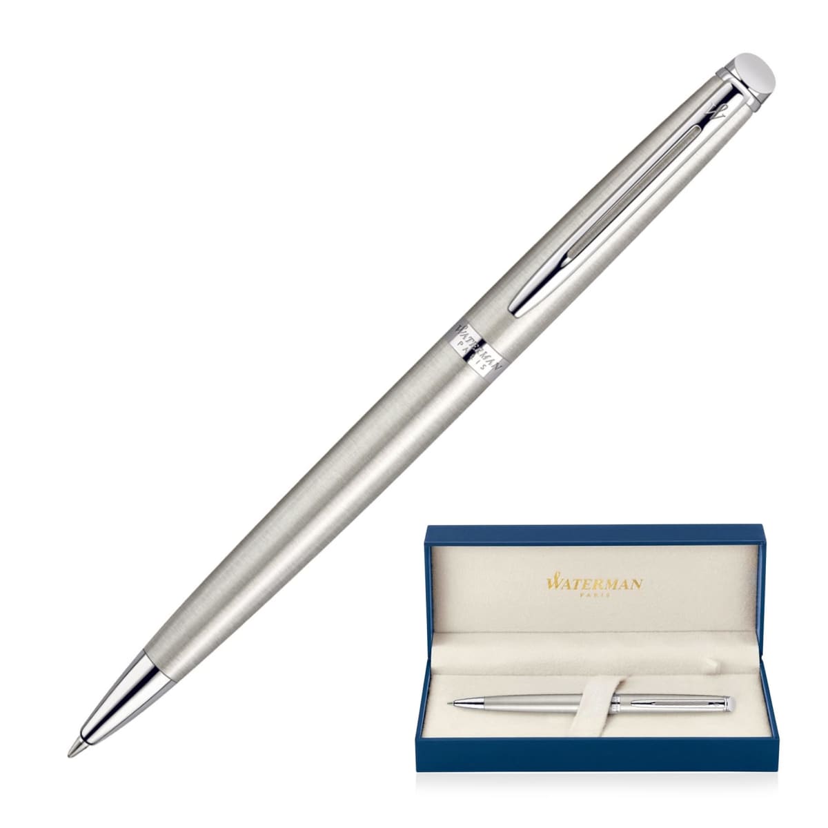 A sleek silver ballpoint pen with a shiny chrome clip and tip is displayed. Below it, the pen is shown resting in an open blue and white Waterman-branded box. The pen has a metallic, elegant design.
