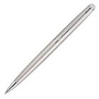 A sleek silver ballpoint pen with a metallic clip and a glossy finish, displayed diagonally against a white background.