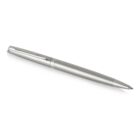 A sleek, metallic silver pen with a shiny finish, resting at a slight angle against a white background. The pen features a smooth cap and clip, exuding an elegant design.