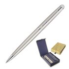 A sleek silver ballpoint pen with a chrome clip and tip. The pen is shown alongside its open presentation box with a velvet interior and a closed box with a gold design, suggesting a gift set.