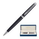 A sleek black and silver pen with a clip, positioned diagonally. Below is a blue presentation box displaying the pen inside, with Waterman Paris written in gold inside the lid.
