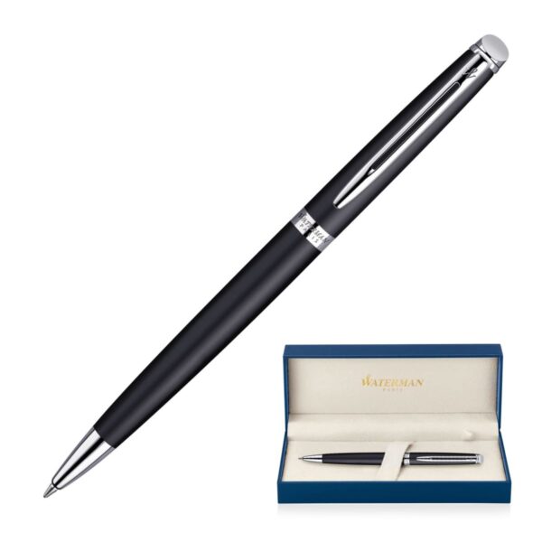 A sleek black ballpoint pen with silver accents is shown. It is positioned diagonally. Below is an open blue box with a satin interior, displaying the pen and the Waterman Paris logo.