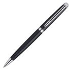 A sleek black ballpoint pen with shiny silver accents and a clip on the cap, designed for a professional look. The pens body has a smooth finish, and the tip is retractable.