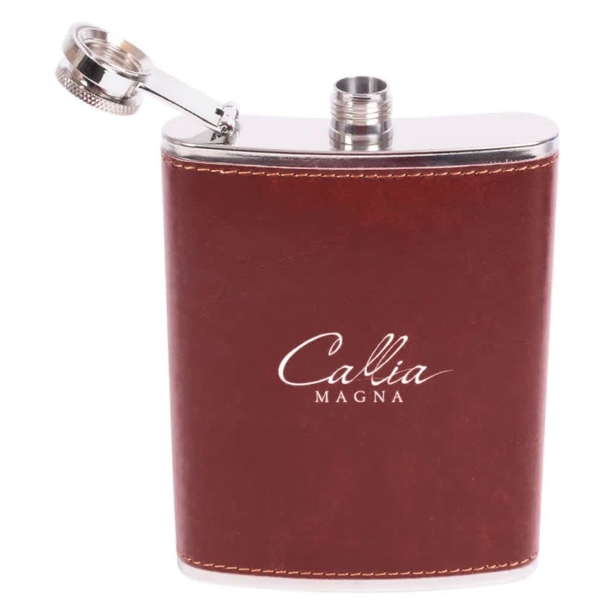 A brown leather-wrapped hip flask with Callia Magna written on it in white text. The cap is open and attached by a hinge near the top. The flask has a stainless steel trim on the top and bottom edges.