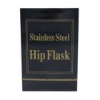 A black box with gold lettering that reads Stainless Steel Hip Flask. There is a gold border around the text and a decorative line with leaves at the bottom.