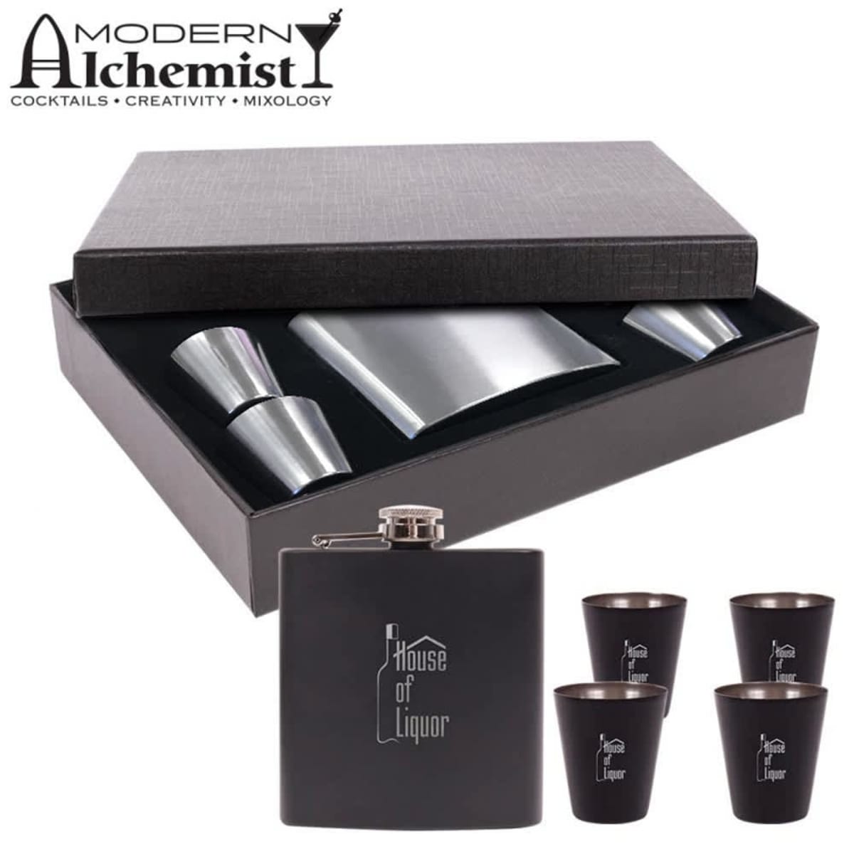 A gift set includes a black flask labeled House of Liquor, four black shot glasses, and two metallic shot cups. These are presented in an open black box with the text Modern Alchemist: Cocktails, Creativity, Mixology above it.