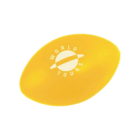 The Stress Rugby Balls are yellow and shaped like a flattened oval, featuring World Tours and a planet graphic in white print. Ideal for stress relief, their design evokes themes of travel or global exploration, resembling miniature rugby balls.