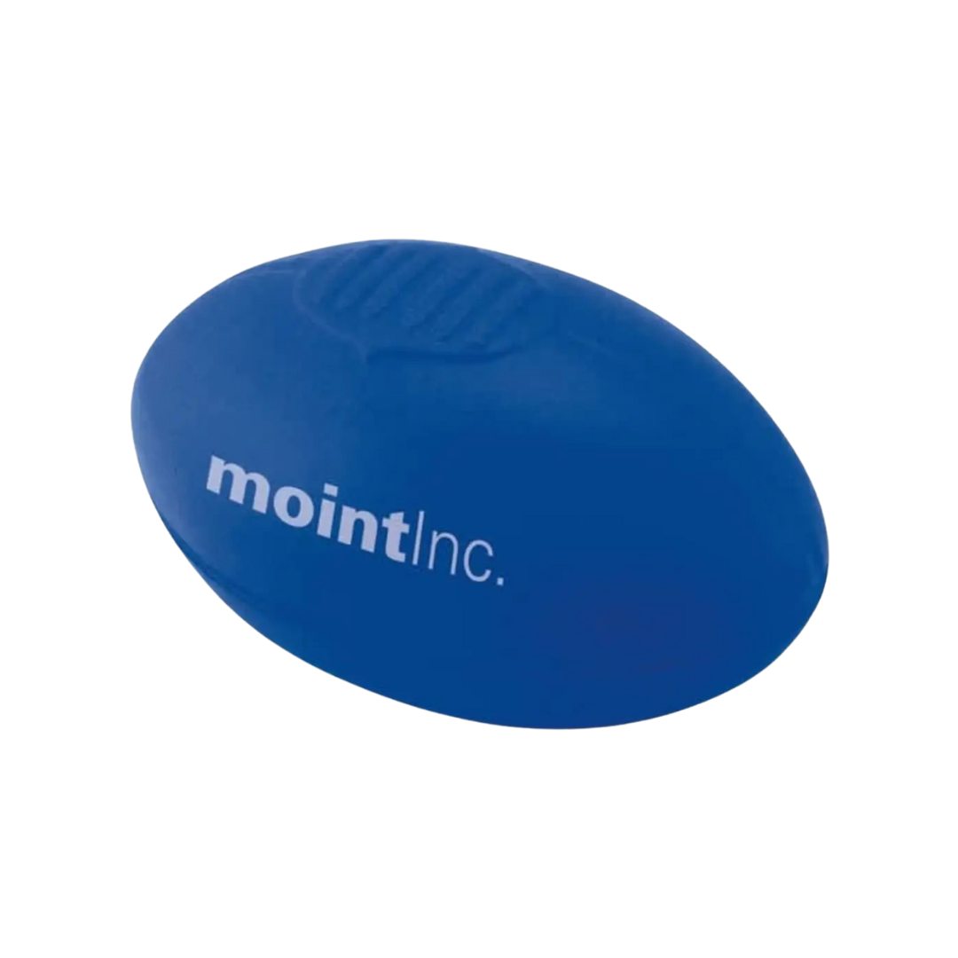 A blue Stress Ball Football, shaped like a mini football, features mointInc. printed in white.