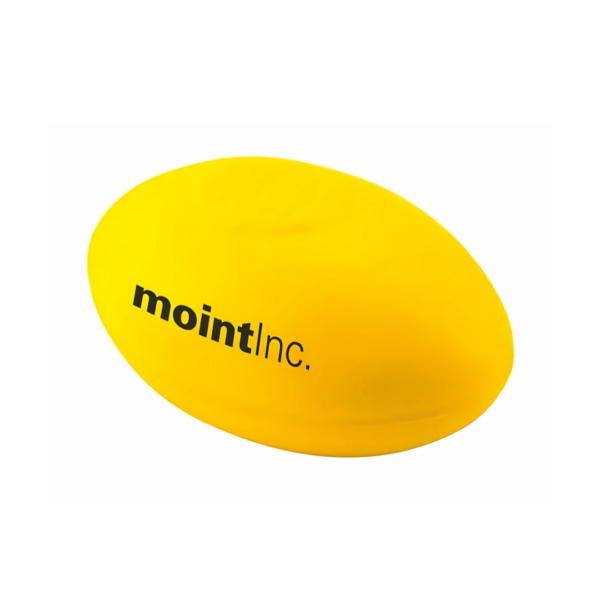 A bright yellow, oval-shaped stress ball reminiscent of a football with mointInc. printed in black. Ideal for stress relief, this Stress Ball Footballs product is set against a plain white background.