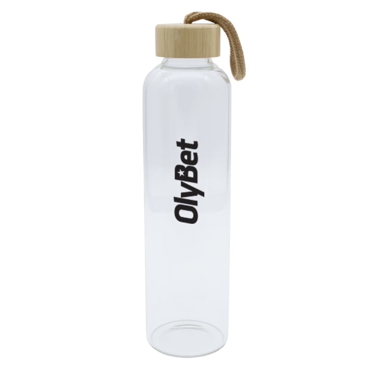 Clear glass water bottle with a wooden lid and a rope handle. The word OlyBet is printed in black vertically on the front.