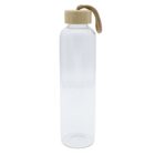 Clear glass water bottle with a light wooden screw-on lid, featuring a small looped taupe strap attached to the top. The bottle is empty and stands upright against a plain white background.