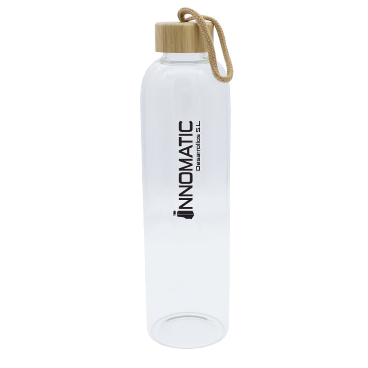 A clear glass water bottle with a wooden lid and rope handle. The word INNOMATIC is printed vertically on the side in bold black letters.