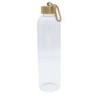 Clear glass water bottle with a wooden cap and a beige rope handle attached to the cap. The bottle is upright on a white background.