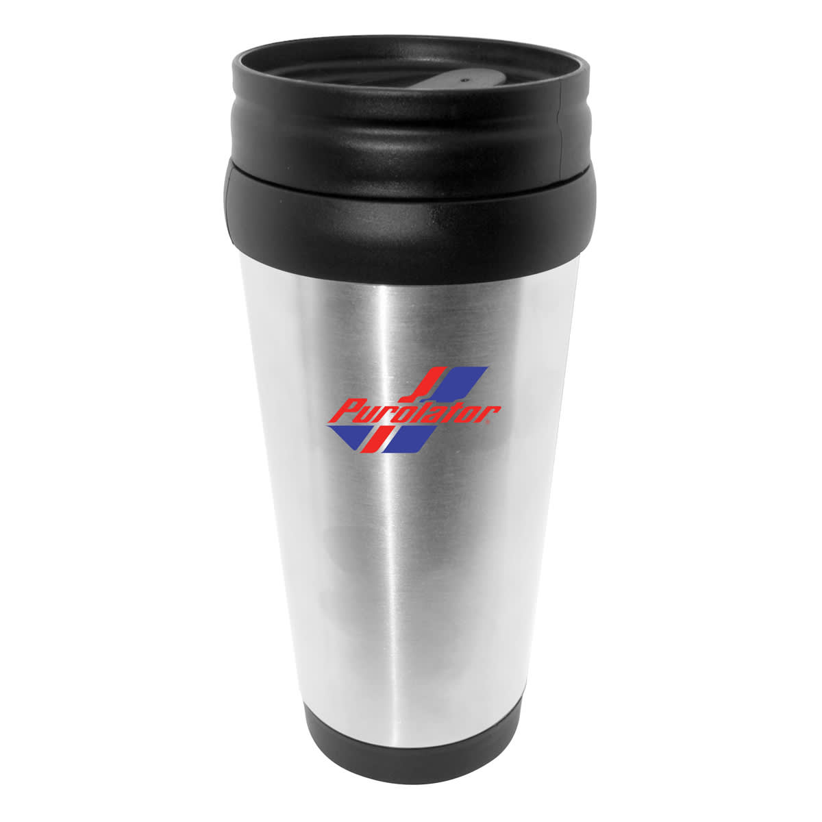 A silver travel mug with a black lid and base, featuring the Purolator logo in red and blue on the front.
