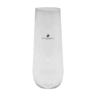 A tall, clear glass with the logo Royal Champagne and a small horse emblem printed on it. The glass is empty and has a sleek, modern design.
