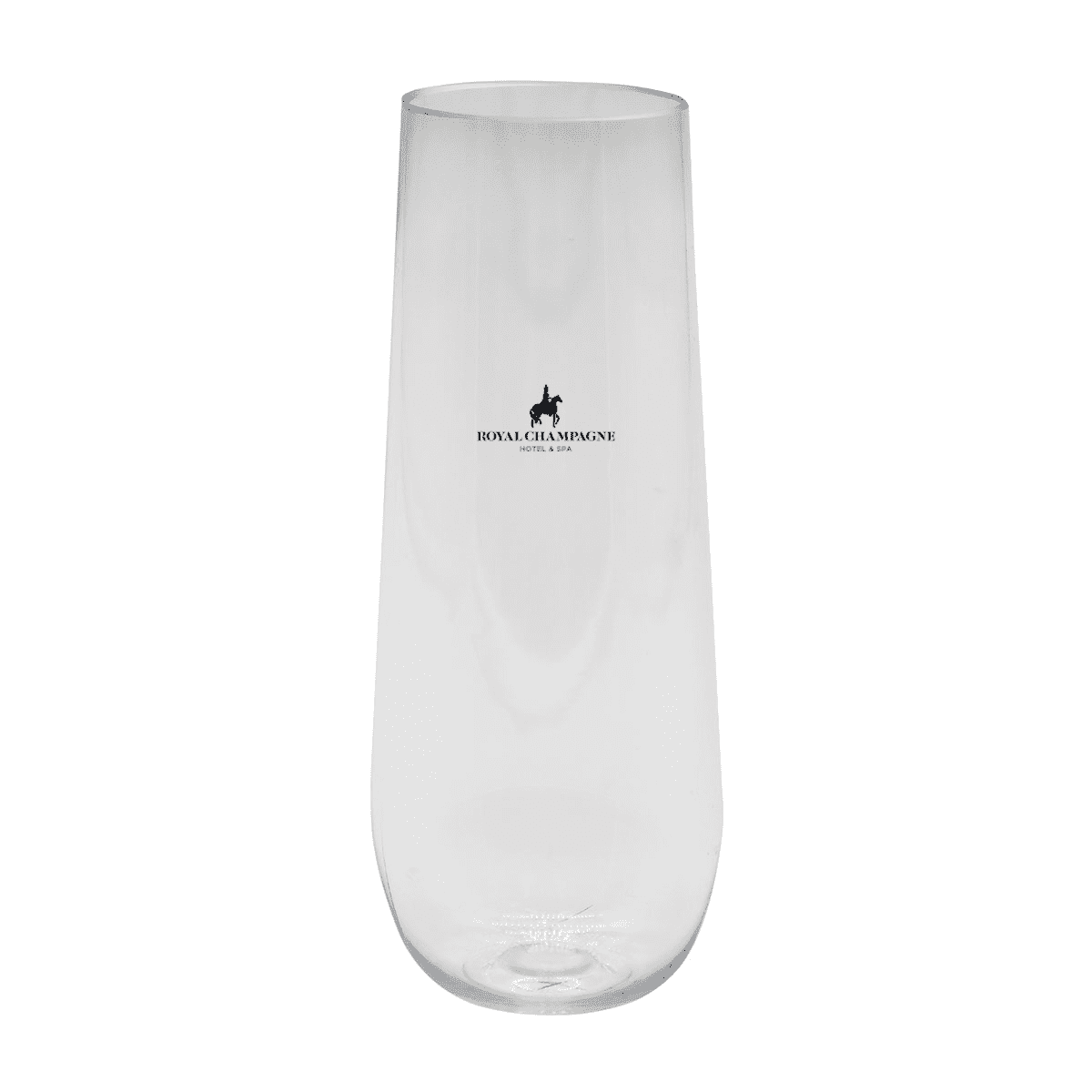 A tall, clear glass with the logo Royal Champagne and a small horse emblem printed on it. The glass is empty and has a sleek, modern design.