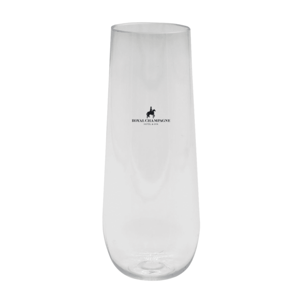 Clear stemless glass with a small black logo featuring a horse and rider, accompanied by the text ROYAL CHAMPAGNE HOTEL & SPA.