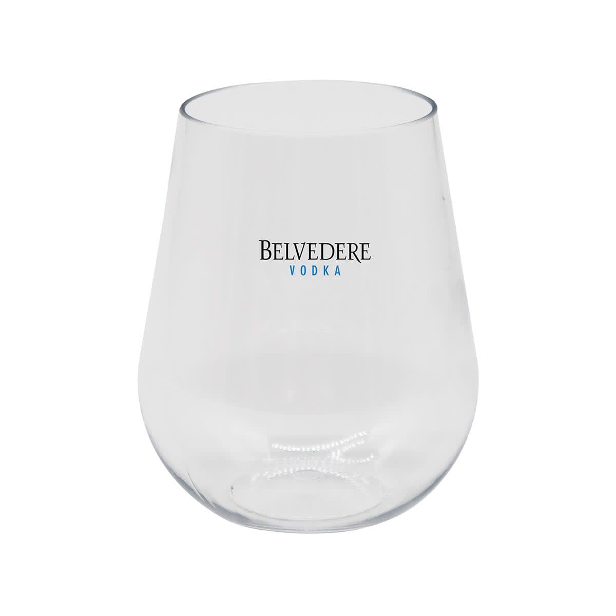 A clear, rounded glass tumbler with the words Belvedere Vodka printed on the side in black and blue letters. The glass has a smooth, simple design and is set against a plain white background.