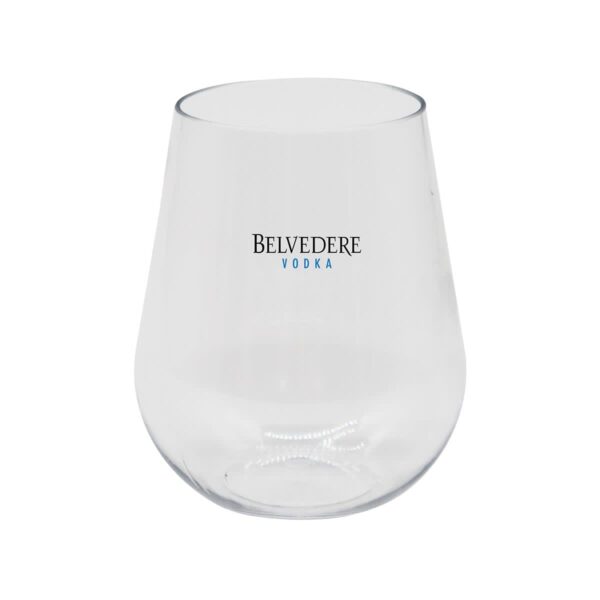 A clear, stemless glass with the words Belvedere Vodka printed in black and blue text on its front.