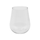 A clear, stemless wine glass with a smooth, curved shape, standing upright against a plain white background.