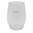 A clear, stemless wine glass with the words champagne HOSPITALITY printed on the side.