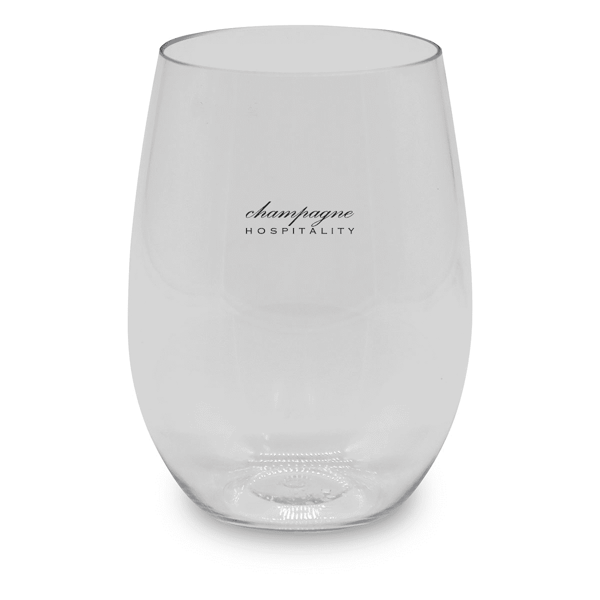 A clear, stemless wine glass with the words champagne HOSPITALITY printed on the side.
