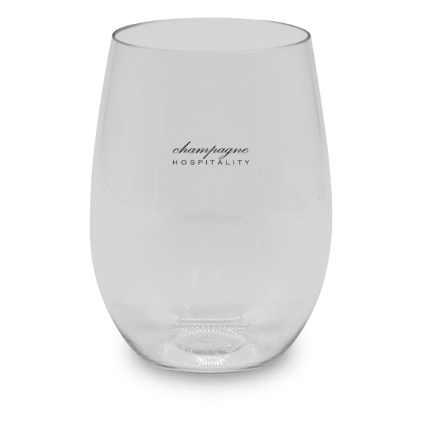 Clear stemless glass with the words champagne hospitality printed on it.