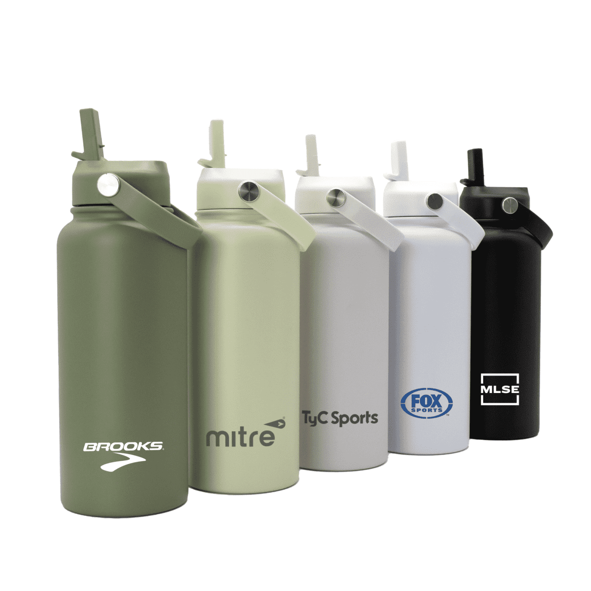 Five water bottles in various colors—green, light green, white, gray, and black—are lined up in a row. Each bottle has a logo printed on it and features a flip-up straw lid.