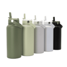 Five reusable water bottles arranged in a row, featuring various shades: dark green, light green, gray, white, and black. Each bottle has a flip-top lid and carrying handle. The background is plain white.
