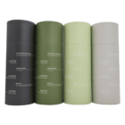 Four cylindrical containers are lined up. They are colored in dark gray, dark green, light green, and beige, respectively. Each has text indicating features like 304 Stainless Steel Straw and BPA Free among others.
