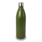 A green insulated water bottle with a sleek, cylindrical shape and a silver cap, standing upright against a plain white background.