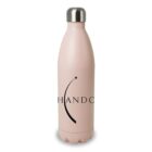 A matte pink insulated water bottle with a silver cap. It features a minimalist logo with a curved line and star, alongside the text HANDC in black. The bottle has a sleek, modern design.