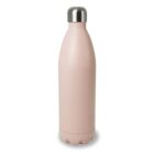 A pink, insulated stainless steel water bottle with a shiny silver cap, standing upright on a plain white background.