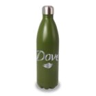 A green metal water bottle with a silver cap, featuring the word Dove and a dove logo in white on its body.