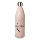 A pastel pink reusable water bottle with a chrome cap. The bottle features a minimalist design with a stylized logo resembling a curved line and star, accompanied by text.