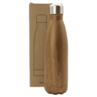 A stainless steel water bottle with a wood-patterned exterior stands in front of its cardboard box packaging. The box features a simple line drawing of the bottle.