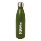 A green insulated water bottle with a silver cap. The word Superdry and some Japanese characters are printed in white vertically on the front.
